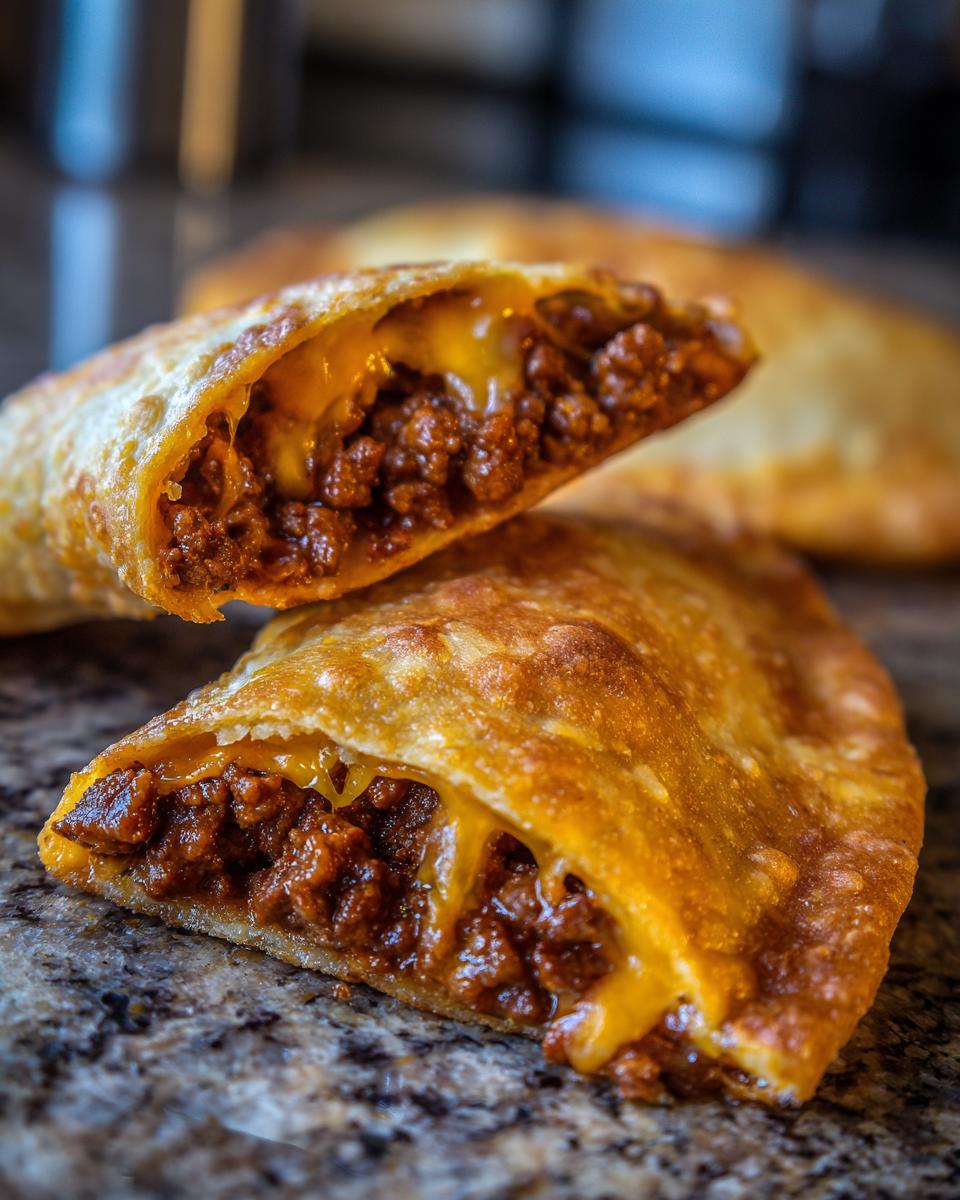 A baked cheesy pocket taco cut in half, showing spicy ground beef filling and melted cheddar cheese.