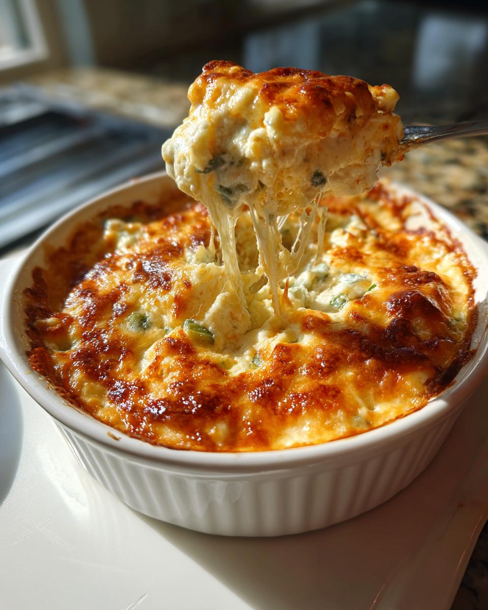 A spoonful of hot, cheesy popper dip is lifted from a white ramekin, showing long cheese pulls.