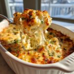 A spoonful of hot, cheesy popper dip showing long cheese pulls as it's lifted from a white baking dish.