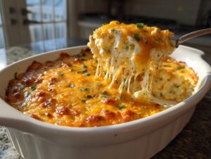 A spoonful of hot popper dip showing extreme cheese pull over a white baking dish.