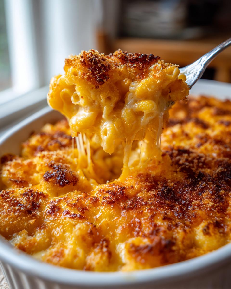 A fork lifting a cheesy, gooey portion of baked mac and cheese recipe with a crispy brown topping.