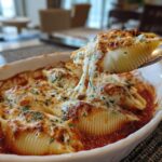 A spoonful of cheesy, baked stuffed shells being lifted from a white dish, showing a dramatic cheese pull.