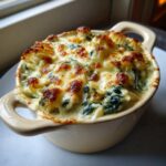 Close-up of a creamy, cheesy spinach artichoke bake with a golden-brown top, served in a small ceramic ramekin.