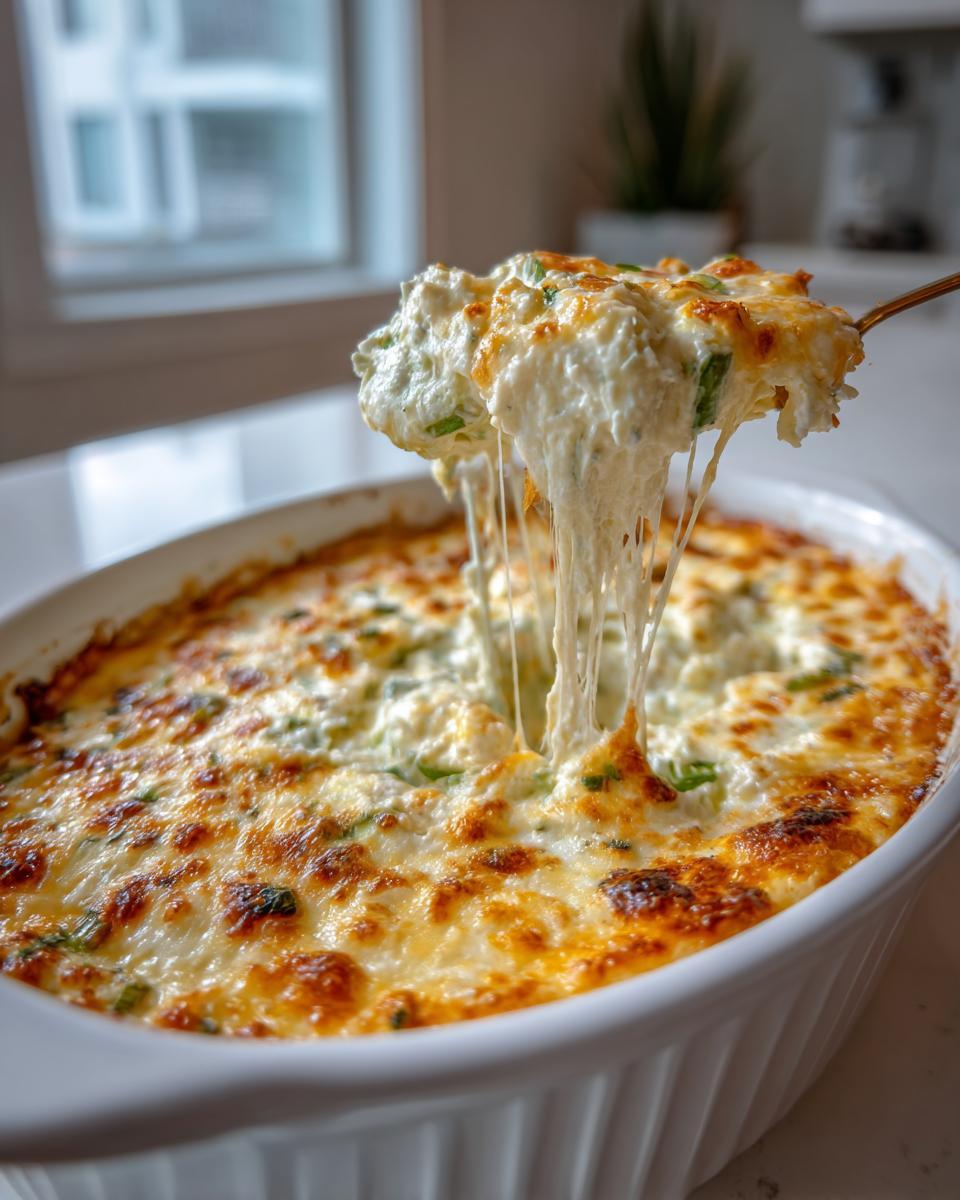A spoonful of hot, cheesy popper dip is lifted, showing long, irresistible cheese pulls over the baked dish.