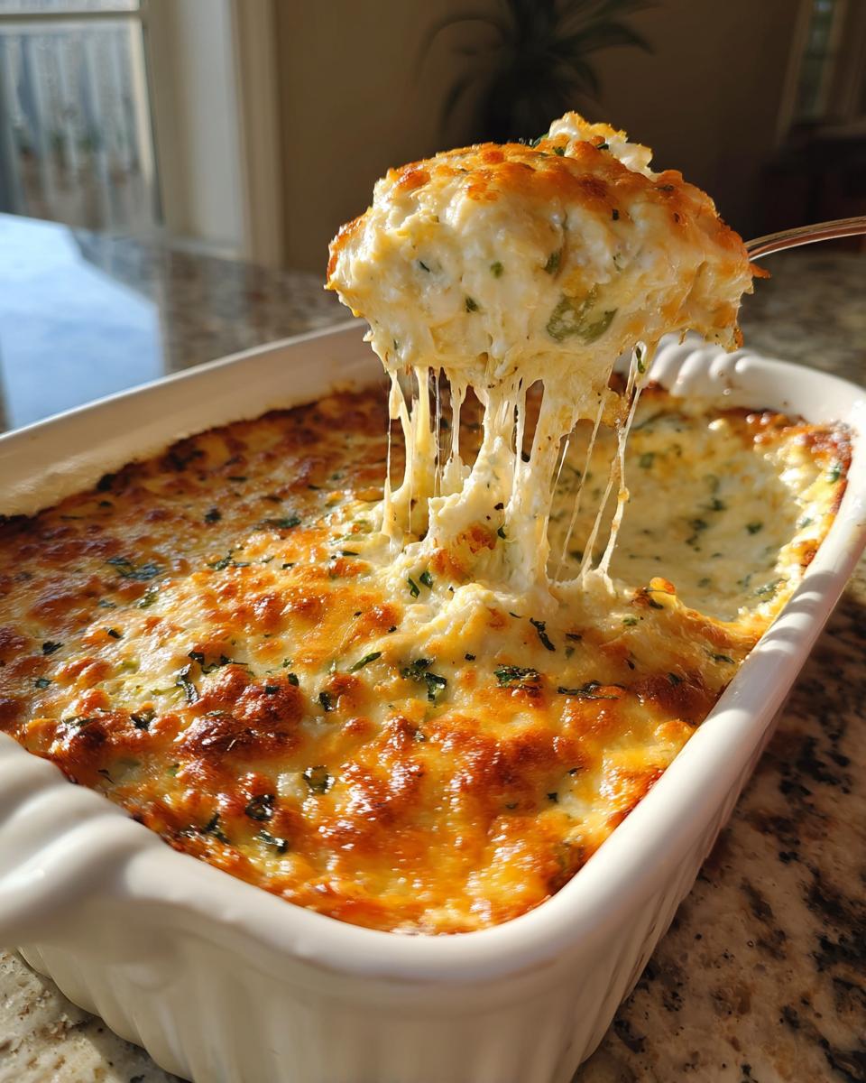 A spoonful of hot, cheesy popper dip is lifted from a white baking dish, showing long, gooey cheese pulls.