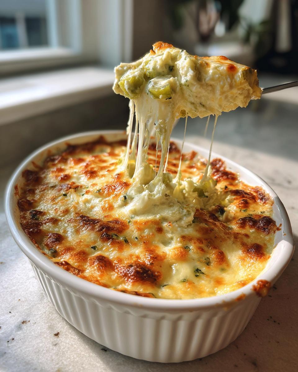 A spoonful of hot, cheesy popper dip is lifted from a white baking dish, showing extreme cheese pull.