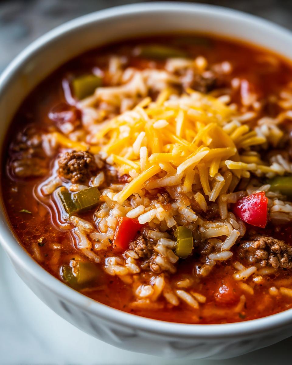 A close-up of a hearty bowl of stuffed pepper soup topped with shredded cheddar cheese.