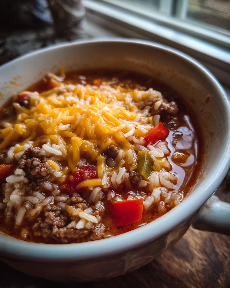 A close-up of a hearty bowl of stuffed pepper soup topped with melted shredded cheddar cheese.