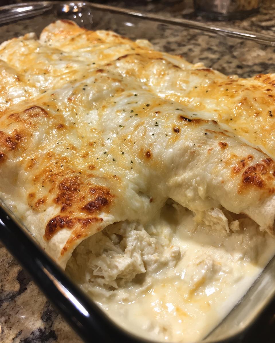 Close-up of baked white chicken enchiladas smothered in melted, browned cheese sauce.