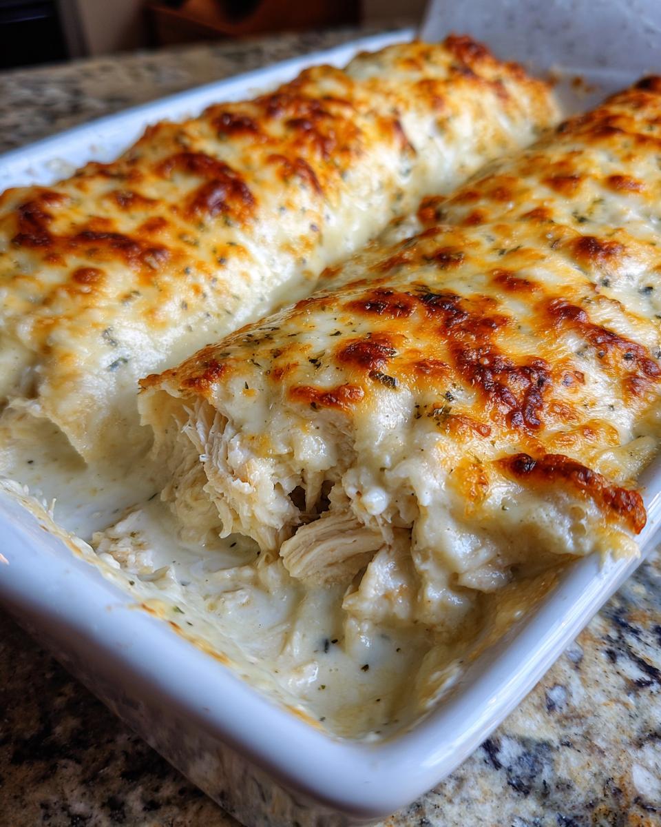 A close-up view of baked white chicken enchiladas covered in melted, browned cheese sauce.