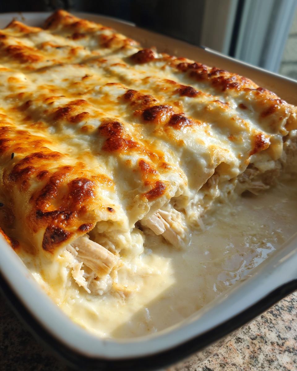A close-up view of baked white chicken enchiladas topped with melted, browned cheese and creamy sauce, showing shredded chicken filling.