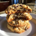 A stack of three chewy almond joy cookies, with the top one broken in half to show the moist interior with coconut and chocolate chips.