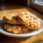Three chewy fruitcake cookies, studded with colorful candied fruit pieces, stacked on a small white plate.