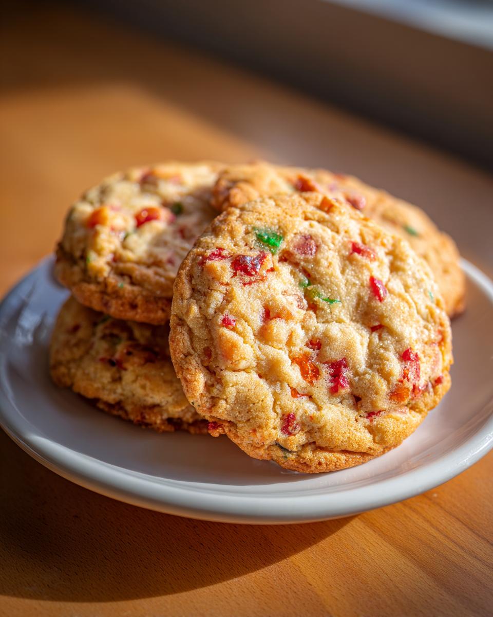 Close-up of several chewy fruitcake cookies studded with colorful candied fruit, resting on a white plate.
