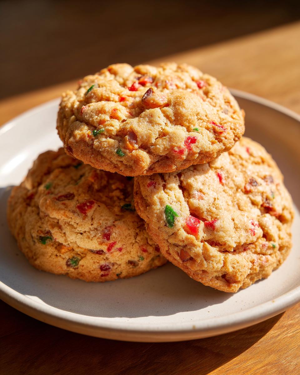 Three chewy fruitcake cookies stacked on a light plate, featuring visible bits of red and green candied fruit.