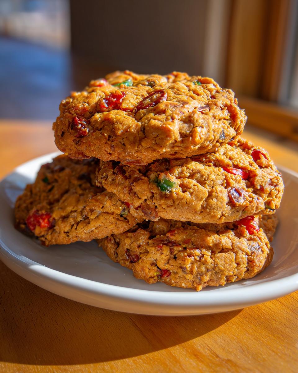 A stack of four chewy fruitcake cookies loaded with candied fruit, resting on a small white plate.