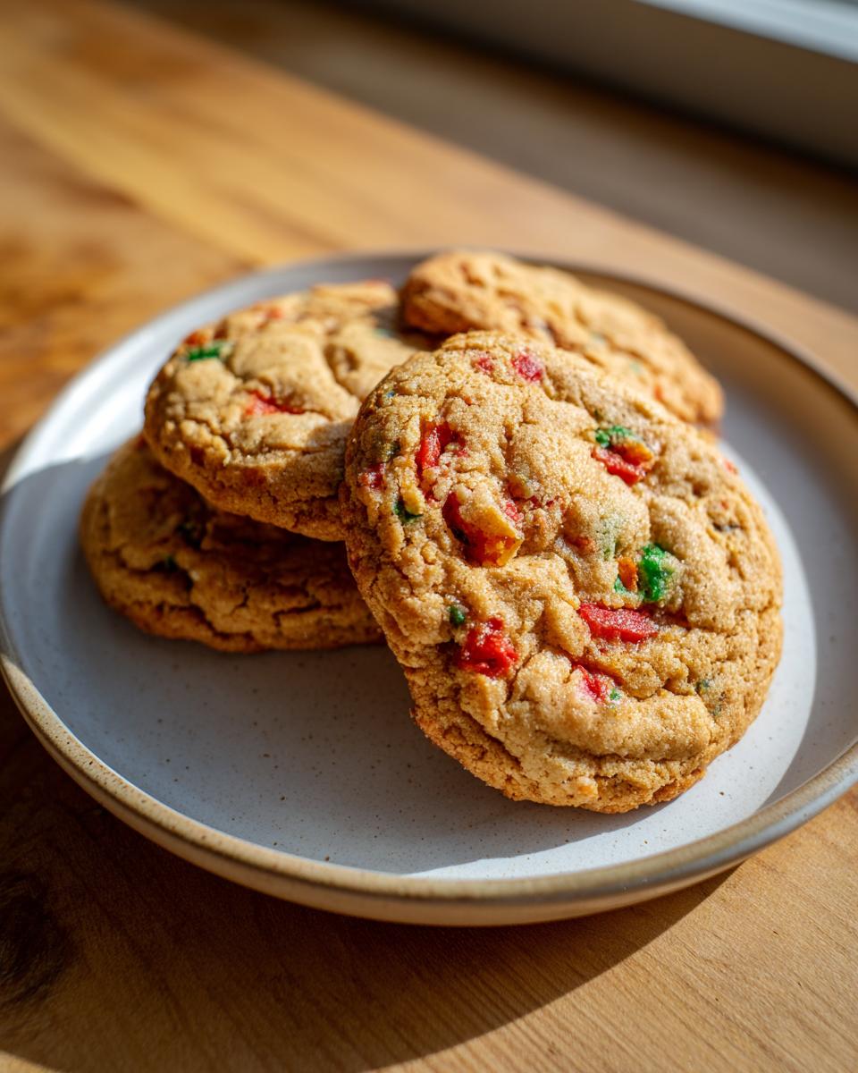 A stack of chewy fruitcake cookies featuring visible red and green candied fruit pieces, resting on a speckled plate.