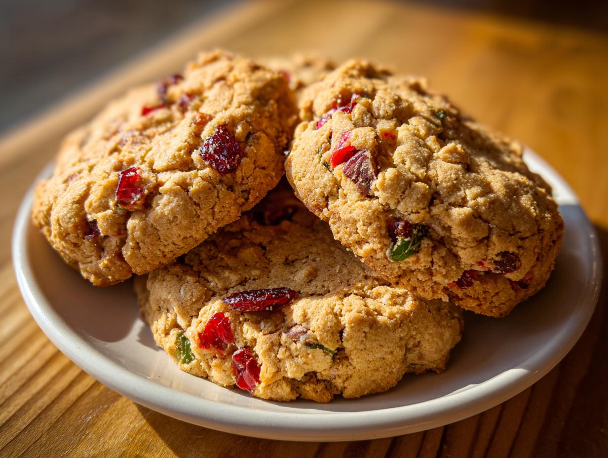 A stack of three chewy fruitcake cookies studded with candied red and green fruit pieces, served on a small white plate.