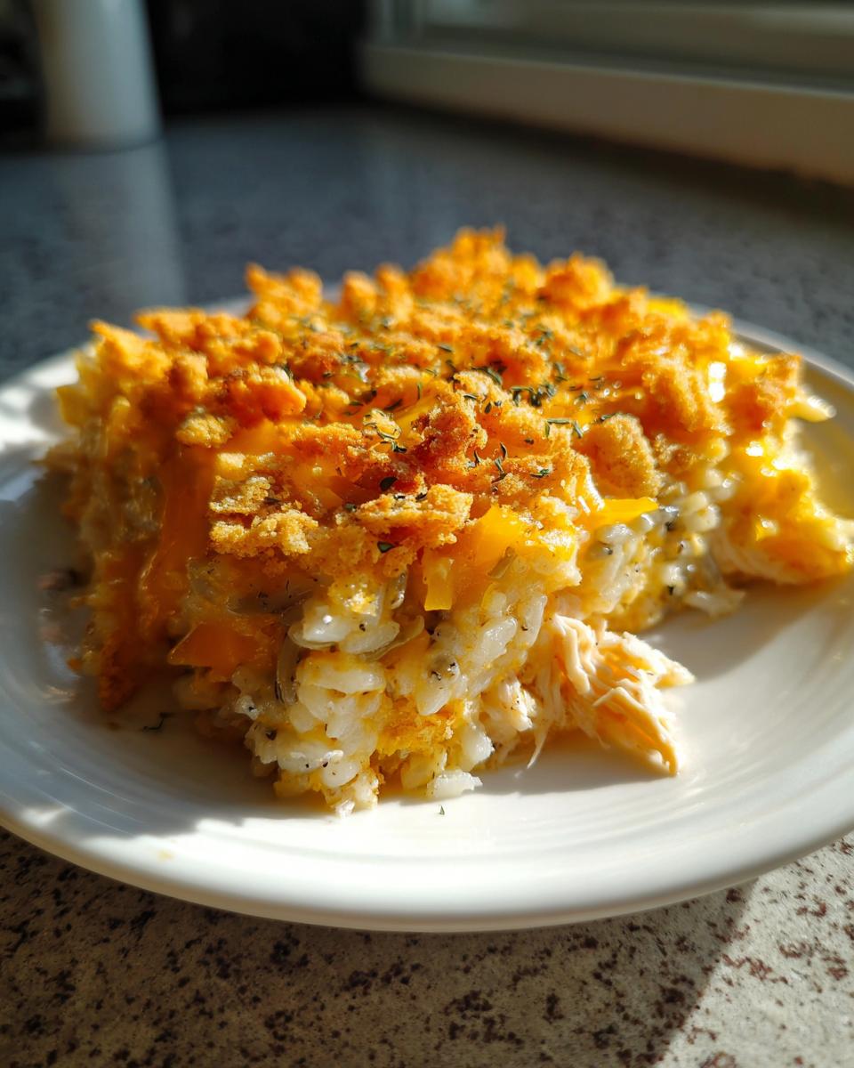 A close-up serving of creamy chicken and wild rice casserole topped with melted cheese and crunchy breadcrumbs.