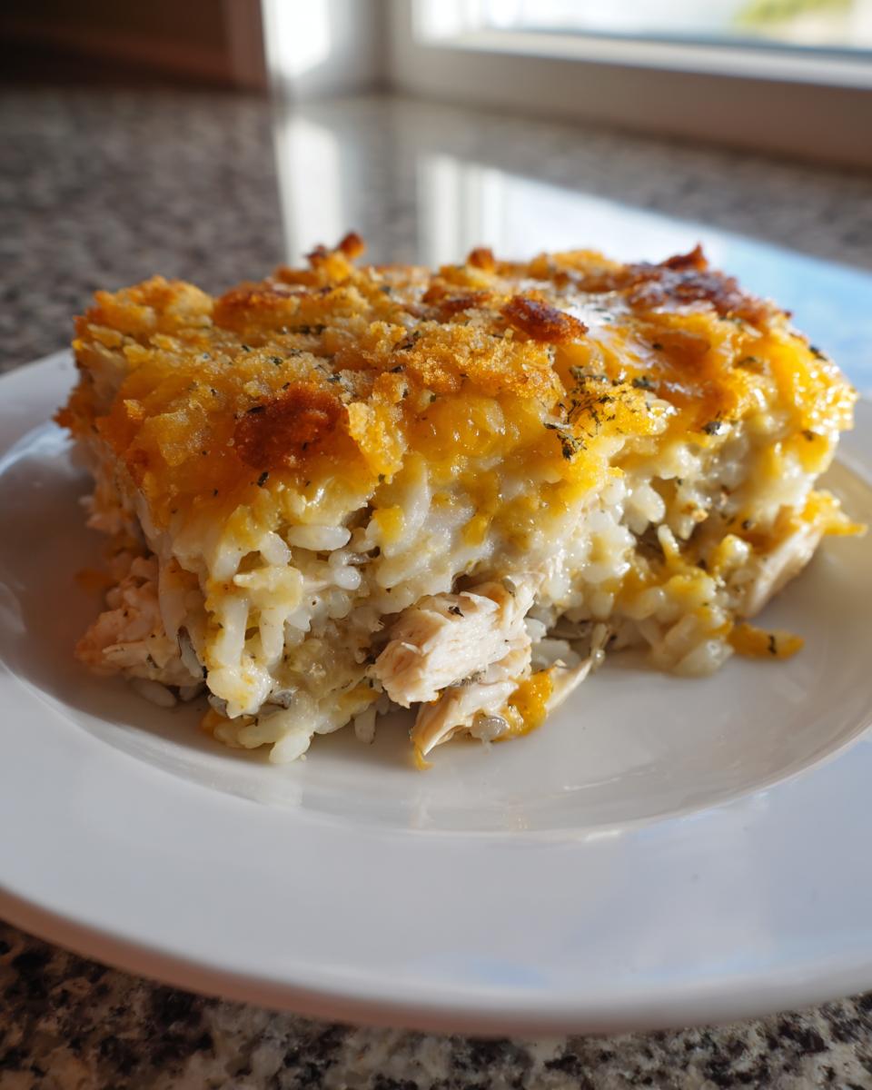 A square serving of creamy chicken and wild rice casserole topped with melted cheddar cheese and breadcrumbs.
