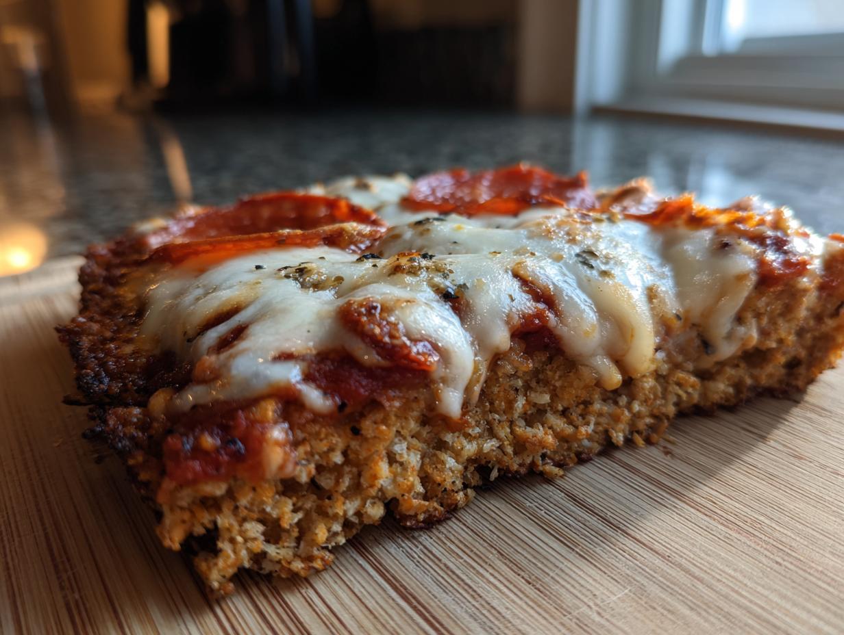 Close-up of a thick slice of chicken crust pizza topped with melted cheese, pepperoni, and herbs.