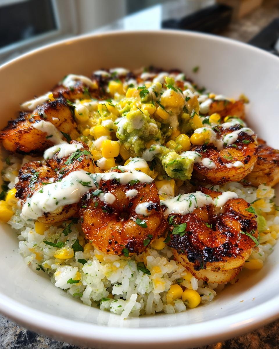 Close-up of a flavorful chipotle lime shrimp bowl featuring seasoned shrimp over rice, topped with corn salsa, avocado, and a creamy drizzle.