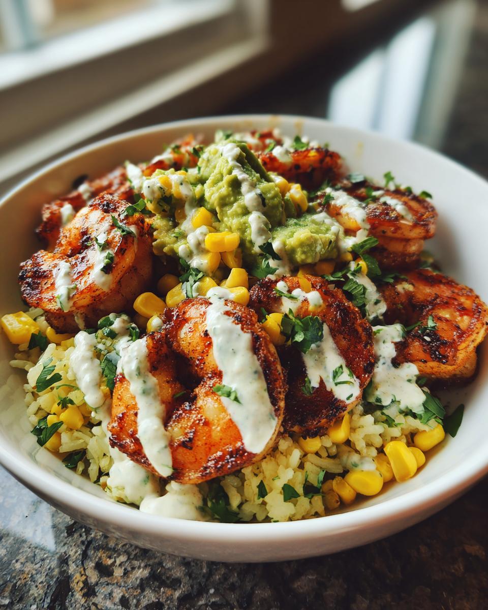 A vibrant close-up of a chipotle lime shrimp bowl featuring seasoned shrimp, rice, corn, guacamole, and creamy sauce.