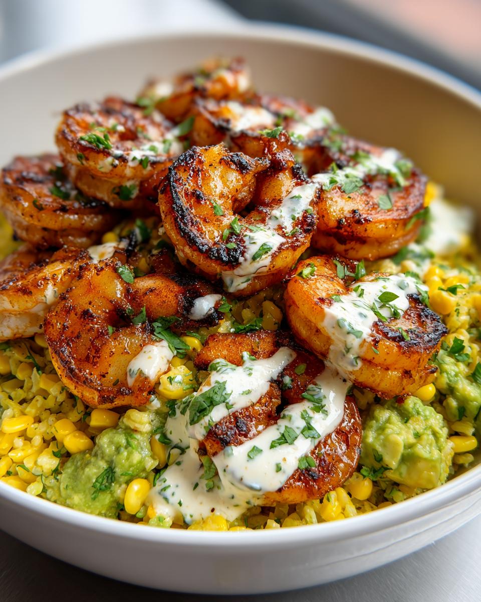 Close-up of a delicious chipotle lime shrimp bowl topped with charred shrimp, corn, avocado mash, and a creamy cilantro sauce.