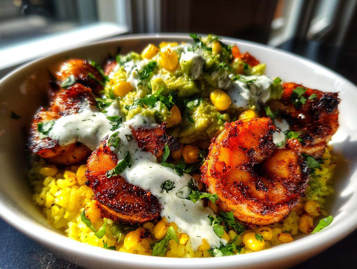 Close-up of a vibrant shrimp bowl featuring blackened chipotle lime shrimp, yellow rice, corn, guacamole, and a drizzle of white sauce.