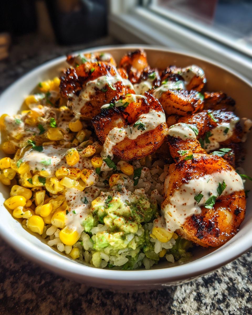 A close-up of a vibrant shrimp bowl featuring blackened shrimp, corn, guacamole, and a creamy sauce over rice.