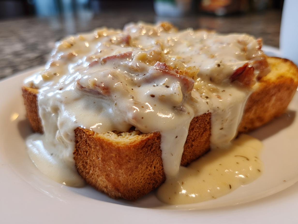 A close-up of chipped beef on toast, featuring thick slices of toast smothered in creamy white gravy with visible pieces of chipped beef.