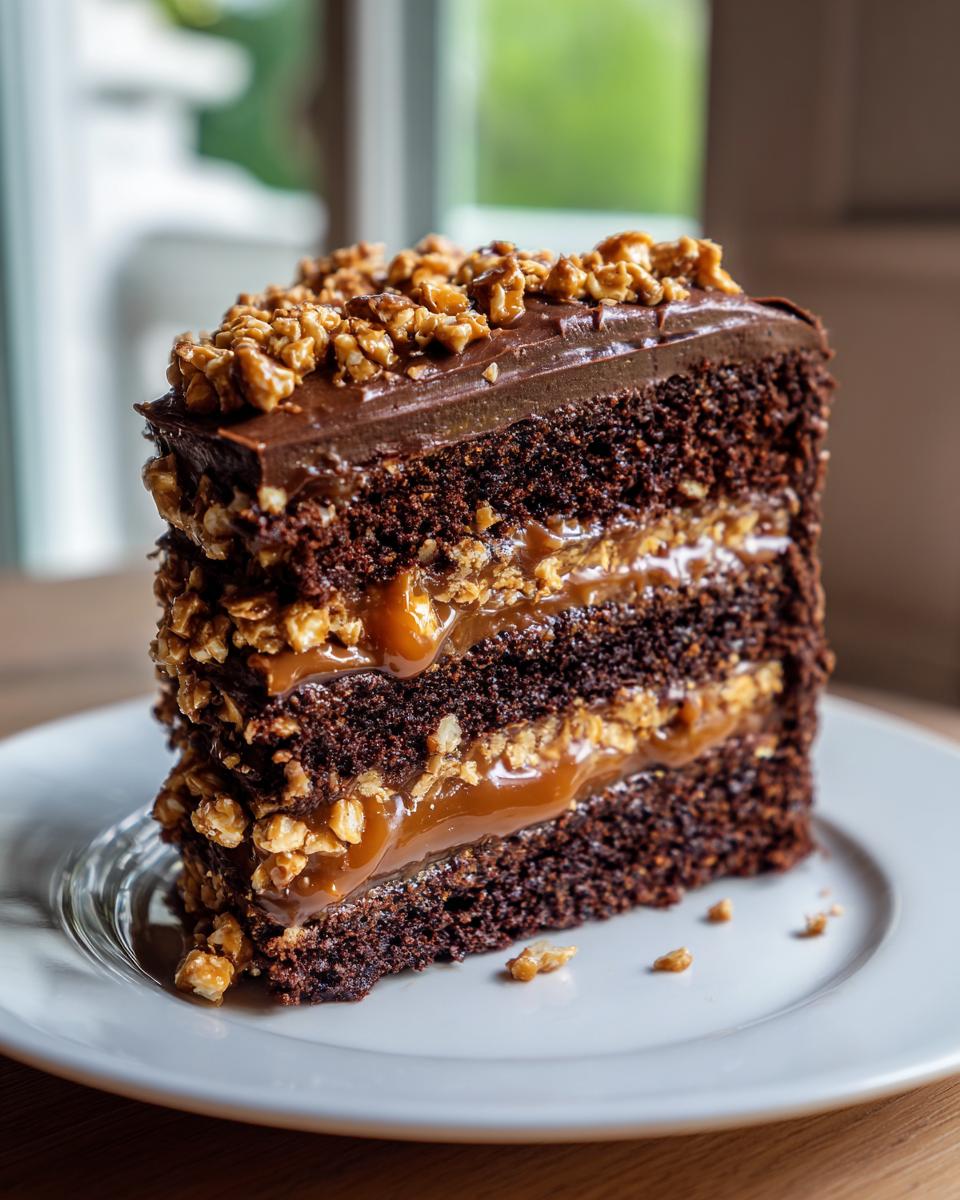 A tall slice of chocolate caramel toffee crunch cake showing three dark chocolate layers, thick caramel filling, and crunchy toffee topping.