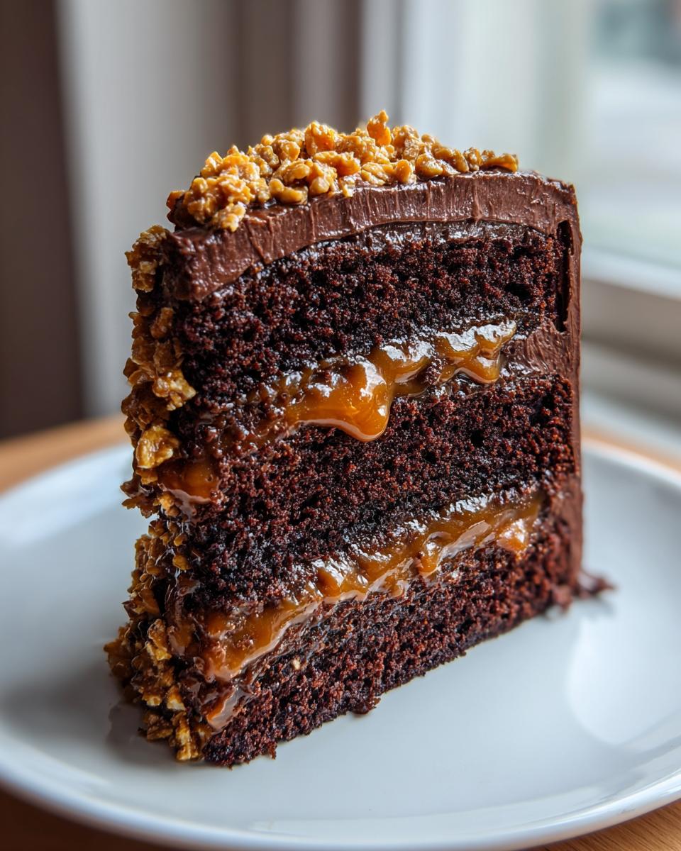A rich slice of chocolate caramel toffee crunch cake showing three dark layers, caramel filling, and crunchy toffee topping.