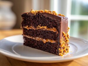 A decadent slice of chocolate caramel toffee crunch cake showing dark layers and gooey caramel filling.