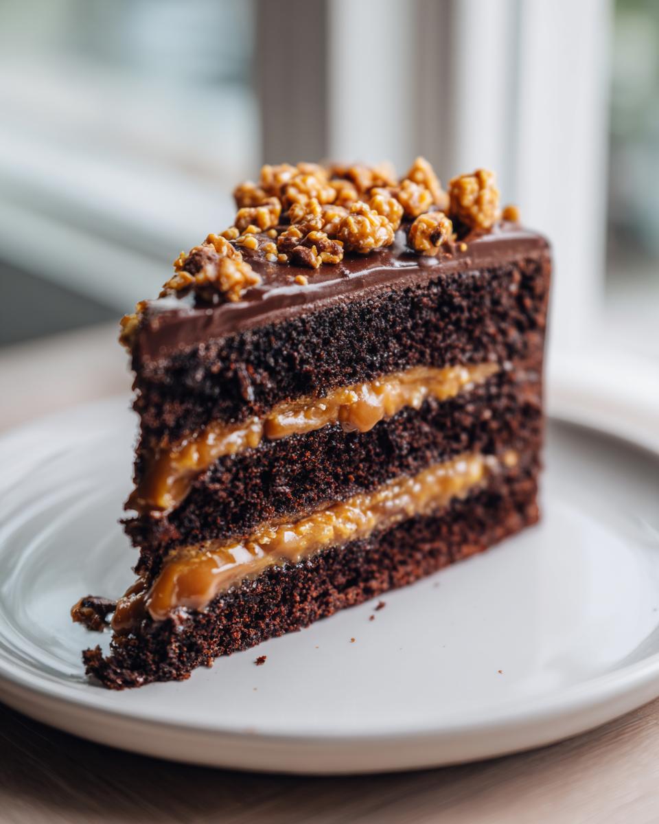 A decadent slice of chocolate caramel toffee crunch cake showing three layers of dark cake and caramel filling.