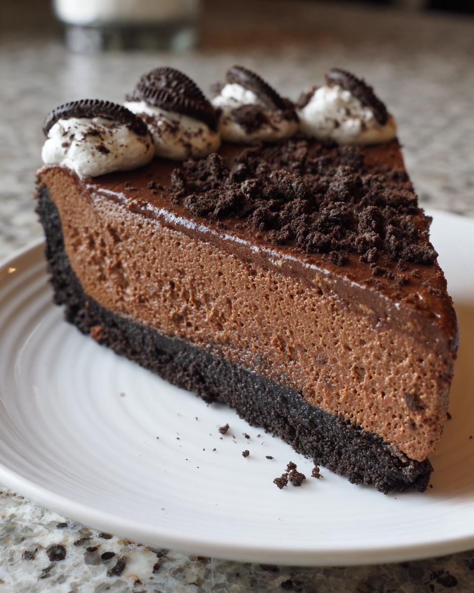 A decadent slice of chocolate cheesecake with a dark crust, topped with chocolate ganache, whipped cream, and mini Oreo cookies.