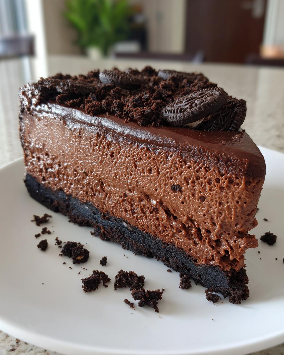 A decadent slice of chocolate cheesecake with a dark crust, topped with chocolate ganache and crushed Oreo cookies.