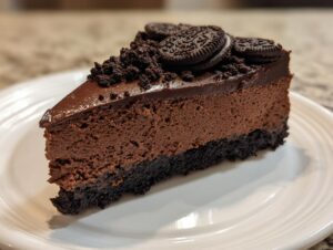 A decadent slice of dark chocolate cheesecake with a thick crust, topped with ganache and whole Oreos.