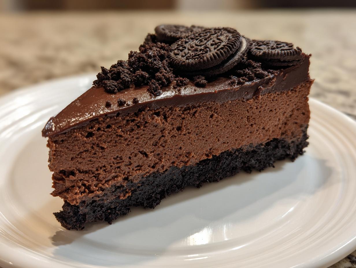 A decadent slice of dark chocolate cheesecake with a thick crust, topped with ganache and whole Oreos.