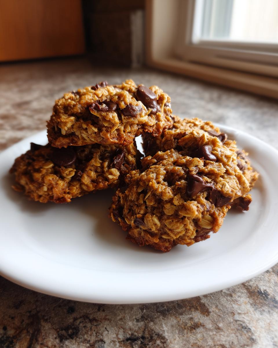 Four homemade, textured breakfast cookie loaded with chocolate chips stacked on a white plate.
