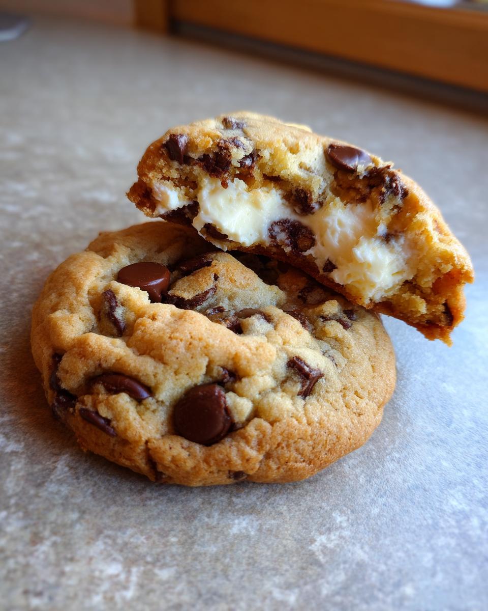 Two chocolate chip cheesecake cookies stacked, with the top one broken open revealing a creamy, white cheesecake center.