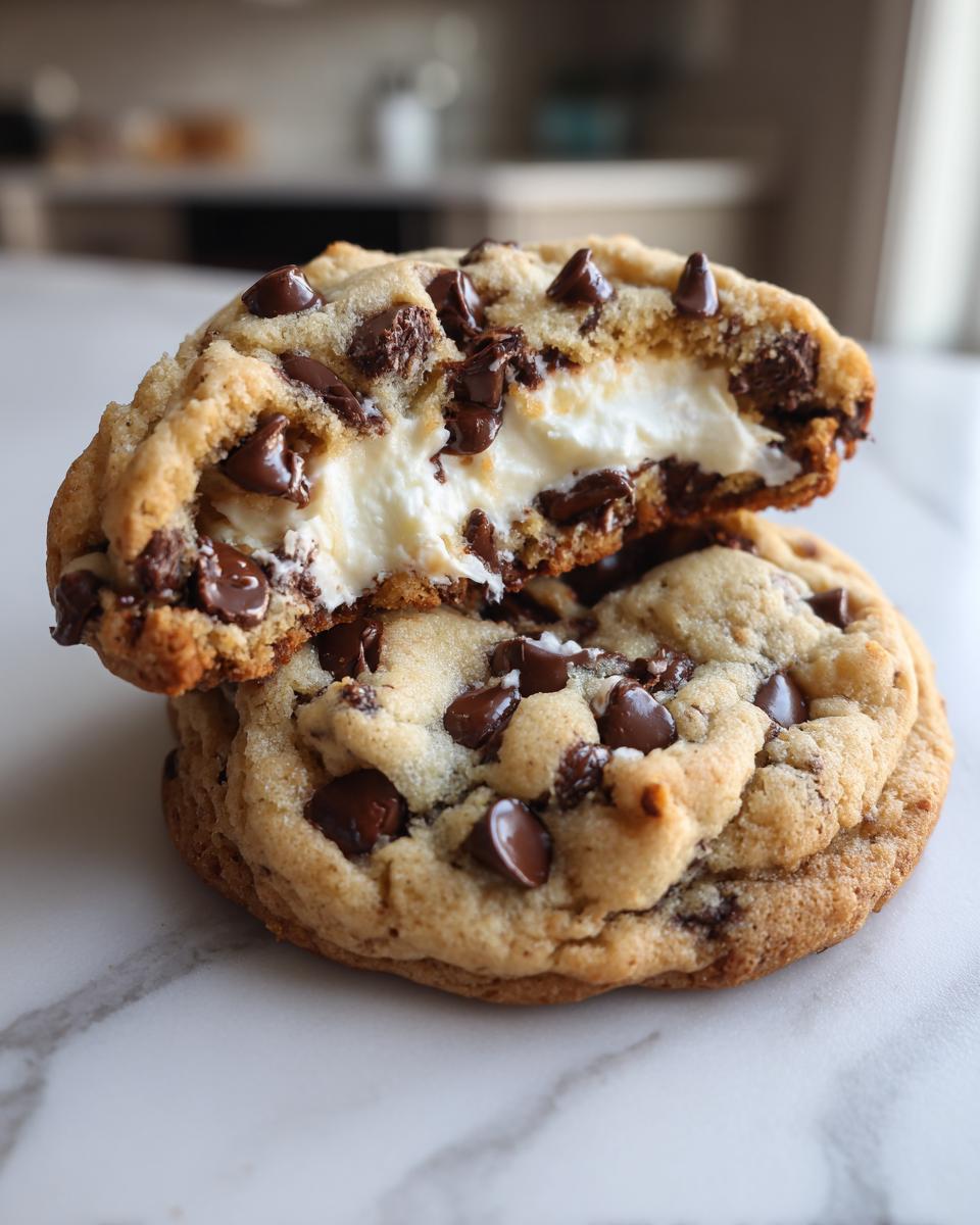 Two chocolate chip cheesecake cookies stacked, with the top one broken open to show the creamy white cheesecake filling.