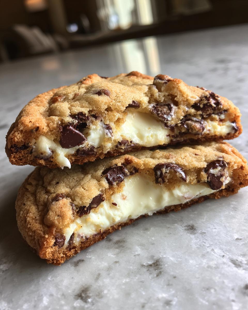 A chocolate chip cheesecake cookie cut in half showing the gooey, creamy cheesecake filling inside.