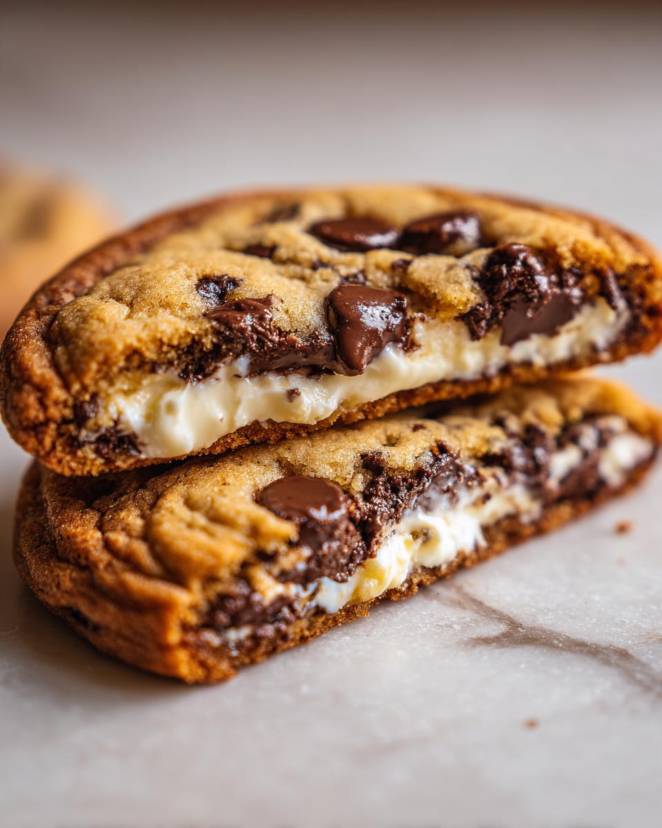 A chocolate chip cheesecake cookie cut in half, showing the gooey cheesecake filling and melted chocolate chips.