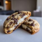A chocolate chip cheesecake cookie cut in half, showing the thick, creamy cheesecake filling inside.