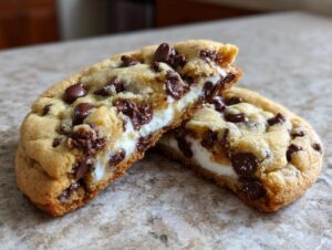 A chocolate chip cheesecake cookie cut in half showing the creamy white cheesecake filling inside.