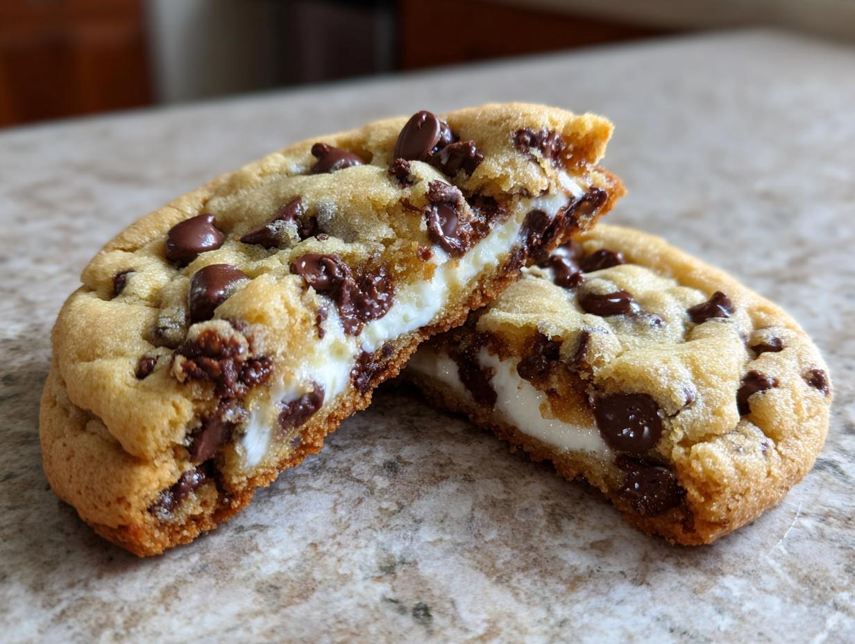 A chocolate chip cheesecake cookie cut in half showing the creamy white cheesecake filling inside.