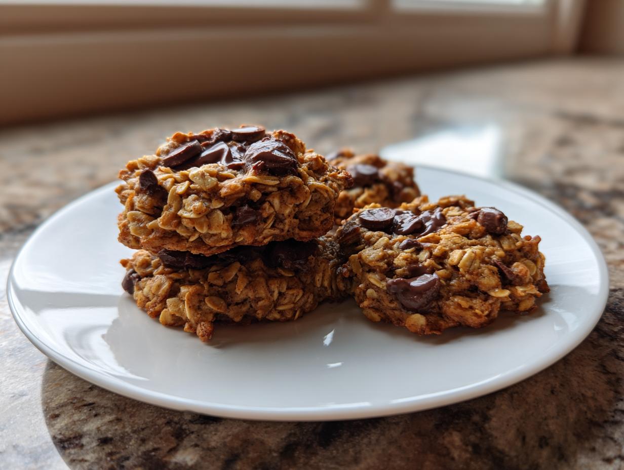 A stack of three homemade chocolate chip oatmeal breakfast cookie treats on a white plate.