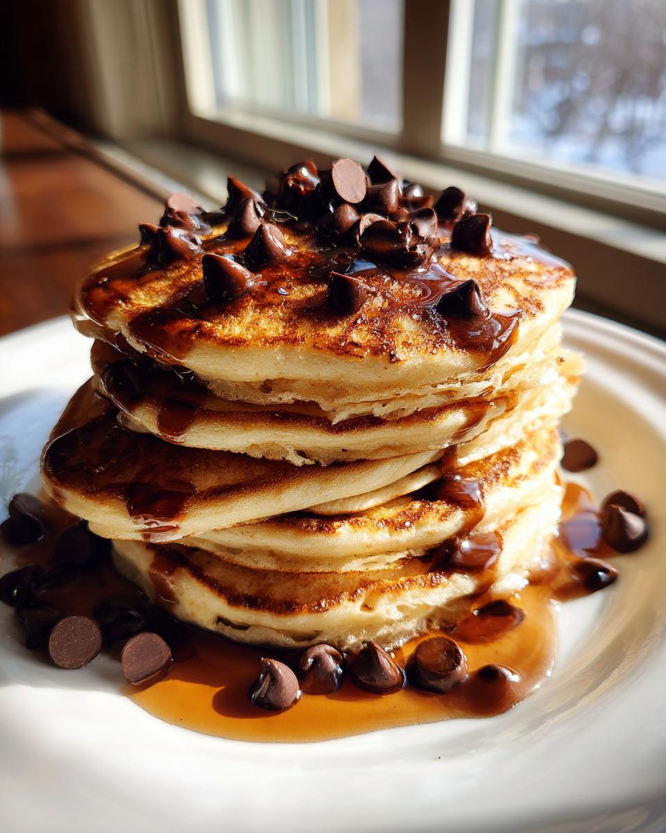 A tall stack of golden chocolate chip pancakes drizzled with syrup and topped with melting chocolate chips.