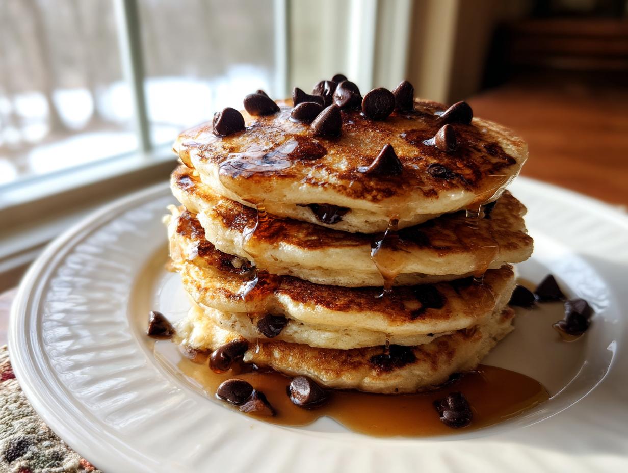 A tall stack of fluffy chocolate chip pancakes drizzled with maple syrup and topped with extra chips.